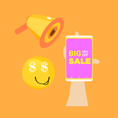 Hand Phone with big sale Promo. Off  50%. dollar emoji