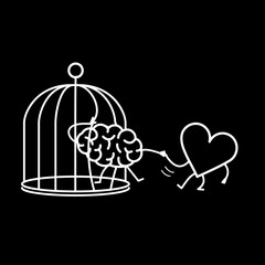 heart helping brain to escape from cage. Vector concept illustration of feelings support escaping imprisoned mind  | flat design linear infographic icon white on black background
