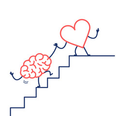 heart helping hand brain to success. Vector concept illustration of heart cooperation with brain on stairs to goal | flat design linear infographic icon red and blue on white background