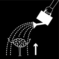Brain growing up. Vector concept illustration hand watering mind with can | flat design linear infographic icon white on black background