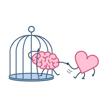 heart helping brain to escape from cage. Vector concept illustration of feelings support escaping imprisoned mind  | flat design linear infographic icon colorful on white background