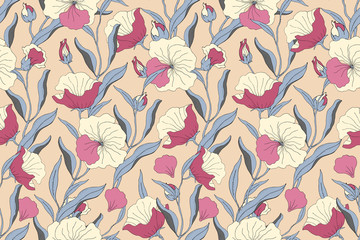 Fototapeta na wymiar Art floral vector seamless pattern. Light yellow, pink flowers with blue branches, leaves and petals isolated on beige background. For home textiles, fabric, wallpaper, accessories, digital paper.