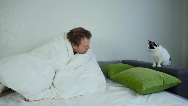 Strange man sits on the bed wrapped in a blanket and looks at his pet cat. Nonsense and stupidity situation. Foolishness, absurd. Domestic white black pet animal.