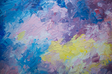 Hand drawing oil. Abstract artistic background. Oil painting on canvas. Color texture. The fragment is a work of art. Stains of paint. Smears of paint. Modern Art. Modern Art. Colorful canvas.