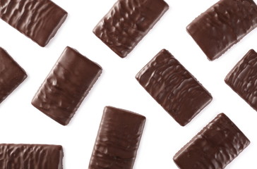 Chocolate bars isolated on white background, top view
