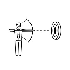 Aiming target. Vector business illustration of businessman with bow and arrow focusing on goal | modern flat design linear concept icon and infographic black on white background