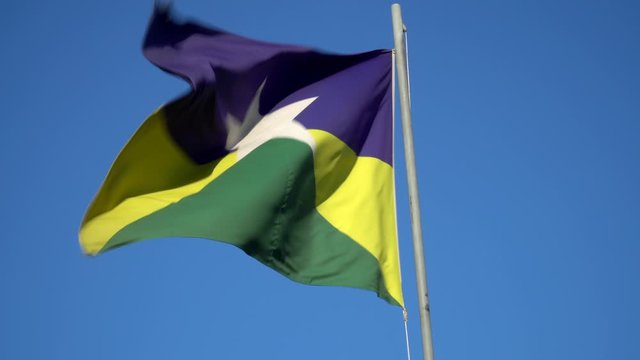 Beautiful flag of Rondonia state waving in the wind on sunny summer day with blue sky. Concept of state, symbol, republic, Brazil, cultural identity, democracy, geography and politics.