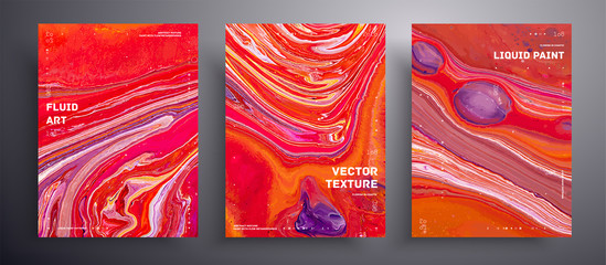 Abstract liquid placard, fluid art vector texture set. Beautiful background that applicable for design cover, poster, brochure and etc. Red, orange, pink and white creative iridescent artwork