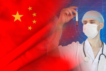 scientist, doctor does a blood test, develops a vaccine, medicine on the background of the China...
