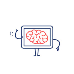 Brain in tablet. Vector concept illustration of mind inside technology | flat design linear infographic icon red and blue on white background