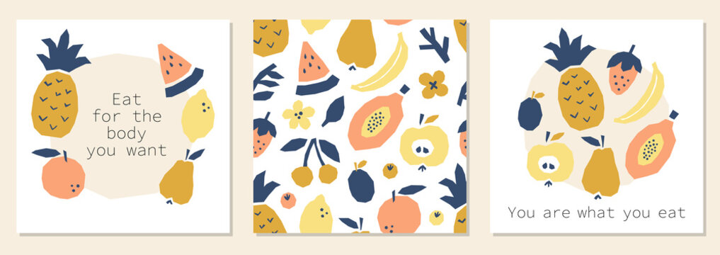 Cute Eat Healthy motivation posters with abstract fruits collage, cut paper pieces immitation, trendy minimal graphic design style