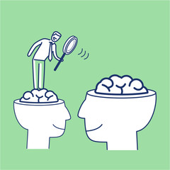 Brain discovering. Vector illustration of businessman searching in human brain | modern flat design linear concept icon and infographic on green background