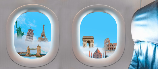 Famous monuments of the world as seen through window of an airplane (colosseum, eiffel tower, pisa...