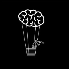 Fototapeta na wymiar Brain baloon. Vector business illustration of businessman finding new inspiration with telescope | modern flat design linear concept icon and infographic white on black background