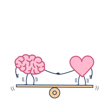 Brain and heart balancing on swing. Vector concept illustration of balance between mind and feelings| flat design linear infographic icon colorful on white background