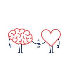 Brain and heart handshake. Vector concept illustration of teamwork between mind and feelings | flat design linear infographic icon red and blue on white background - 327880303