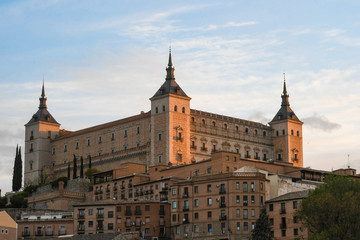 Close-up of Alcazar de Toledo illuminated at sunset