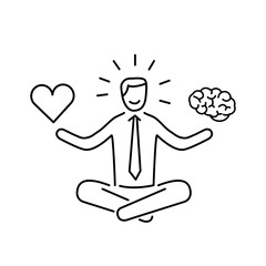 Balance. Vector illustration of meditating businessman balancing heart and brain | modern flat design linear concept icon and infographic black on white background