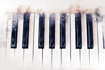 Naklejka premium Abstract colorful piano keyboard on watercolor illustration painting background.