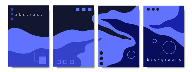 Set of four landscape backgrounds with blue abstract waves. Outdoor stylish cards template. Concept nature, water landscape or clouds. Vector modern illustration for flyer, cards, brochure, cover book