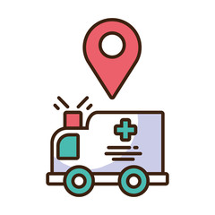 car of ambulance with map pin on white background