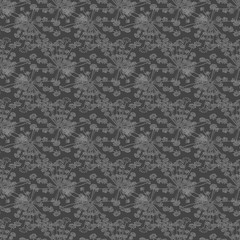 Seamless dark gray background with light patterns of interwoven umbrellas blooming dill. Design for wallpaper, packaging, textile, fabric, decor, printing