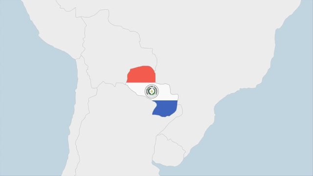 Paraguay map highlighted in Paraguay flag colors and pin of country capital Asuncion.