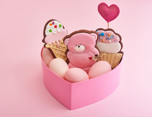 Easter greeting card with gingerbread cookies and eggs. Easter Postcard Template. Cookies in shape of eggs and Easter bunny. Happy Easter holiday background concept.