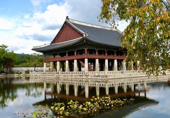 Korean Building reflecting in water at Gyeongbokgung Palace