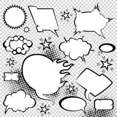 Comic style speech bubbles collection. Funny design vector items illustration. Icons in Pop art style on halftone background