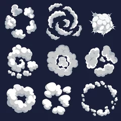 Schilderijen op glas Set of cartoon pattern of smoke clouds. Bomb blast. Comic vector fog puff. Steam clouds, watery vapours or dust explosions element © designer_things