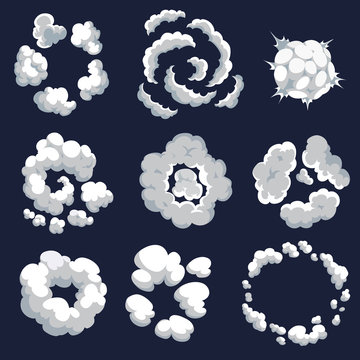 Set of cartoon pattern of smoke clouds. Bomb blast. Comic vector fog puff. Steam clouds, watery vapours or dust explosions element