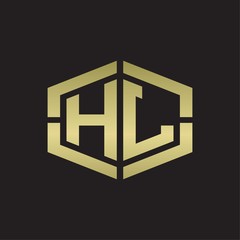 HL Logo monogram with hexagon shape and piece line rounded design tamplate on gold colors