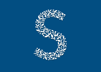 Vector Hand Drawn floral uppercase letter s vector with classic blue color background