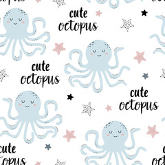seamless pattern with cute octopus isolated on white