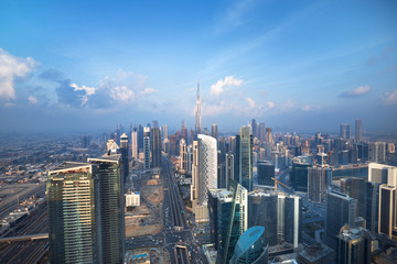 Dubai city skyline at sunset, United Arab Emirates