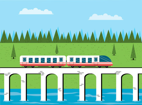 Train on the railway with forest. Travel by train. Vector illustration in a flat style.