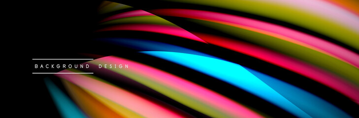 Сolorful flow poster. Wave liquid lines and shapes in black color background. Vector Illustration