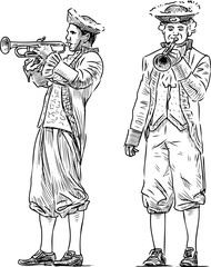 Freehand image of musicians in carnival costumes playing trumpets