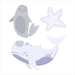 Vector sea animal - whale, starfish, seal fur. Cartoon illustration of marine life objects for design. Isolated elements for kids book decoration, postcard, educational game, sticker.