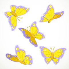 Fototapeta na wymiar Spring butterflies yellow-violet flutter on a white background