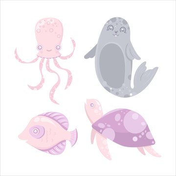 Vector sea animal - seal fur, fish, octopus, turtle. Cartoon illustration of marine life objects for your design. Isolated elements for kids book decoration, postcard, educational game, sticker.
