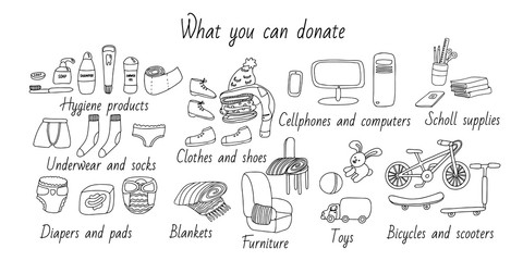 What you can donate. List of items with pictures for charity. There are clothes, furniture, computer, books, bike, scooter, hygiene items, stationery, toys. Hand drawn doodle illustration in black ink