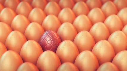 Chocolate surprise easter egg hiding in group of brown eggs