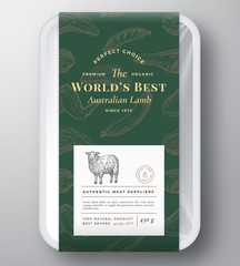 Worlds Best Lamb Abstract Vector Plastic Tray Container Cover. Premium Meat Vertical Packaging Design Label Layout. Hand Drawn Sheep, Steak, Sausage, Wings and Legs Sketch Pattern Background.