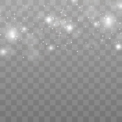 White sparks and golden stars glitter special light effect. Vector sparkles on transparent background. Christmas abstract pattern. Sparkling magic dust particles