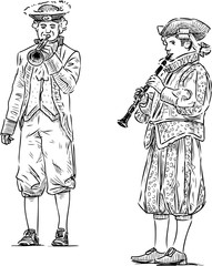 Sketch of musicians in carnival costumes playing trumpet and oboe