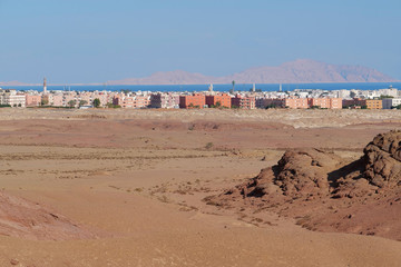 View on Sharm El Sheikh city in Sinai, Egypt, view on Red Sea and Tiran island