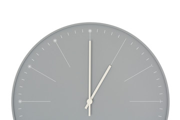 Closeup of a grey wall clock isolated on white background. One o'clock. Time. Minimal styled.