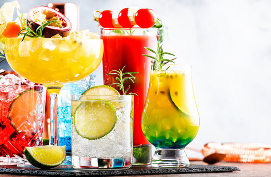 Set Of Summer Alcoholic Cocktails, Popular Bright Refreshing Alcohol Drinks And Beverages